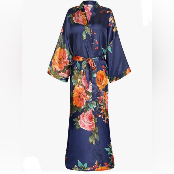 NWT!! Kimono Long Robe, Belted, Blue w/Large Floral Print, Price cut!! - Picture 2 of 8
